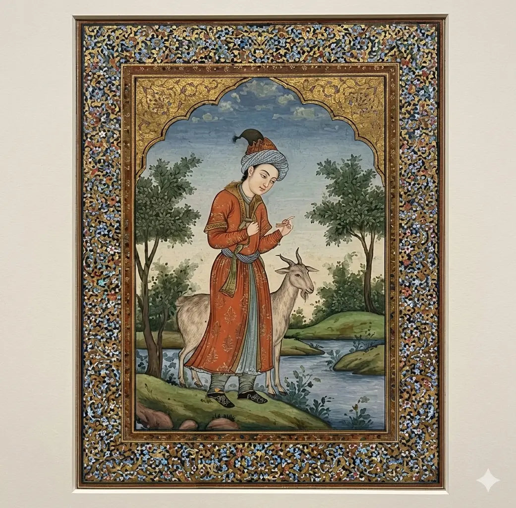 Persian Miniature Painting, A framed Persian painting depetting a serrone am serrancet set. Approx. 12" x 16", HD62 ABC Rugs Kilims